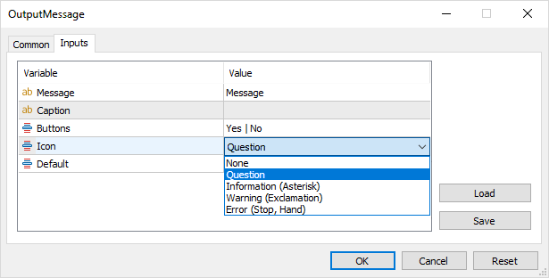Window properties dialog