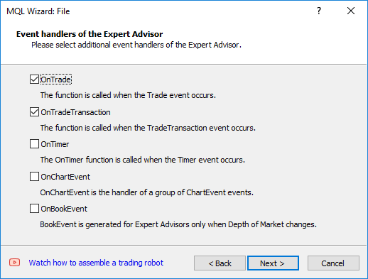 Creation of an expert template. Step 3. Additional event handlers