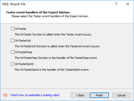 Creation of an expert template. Step 4. Tester event handlers