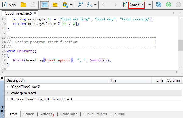 Compiling an MQL Program in MetaEditor