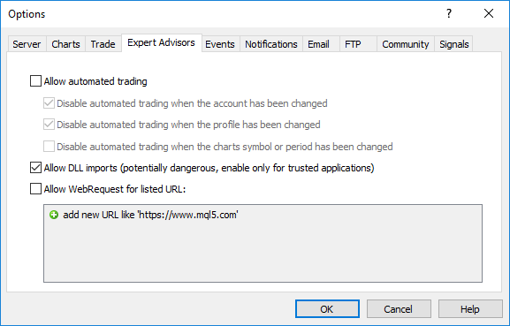 La opción "Permitir importación de DLL" en los programas mql5
