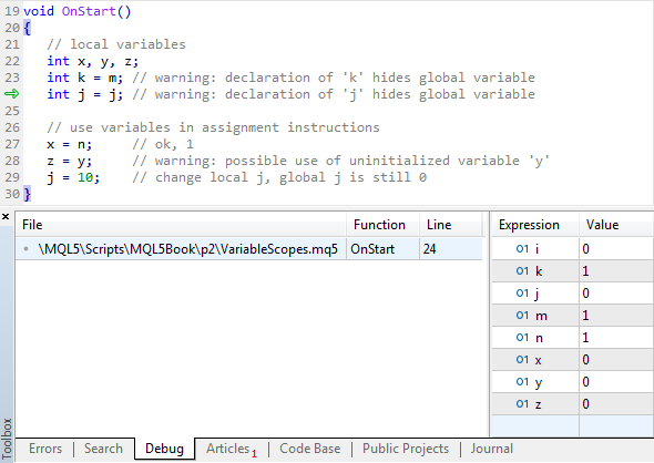 Step-by-Step Debugging and Viewing Variables in MetaEditor (string 24)