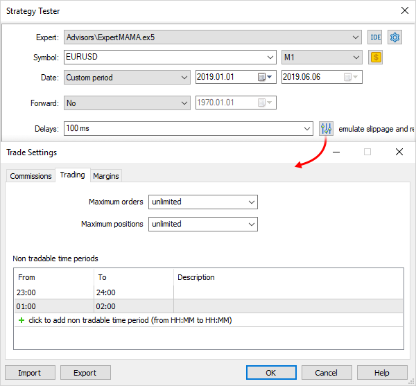 Setting up non-trading periods in the tester