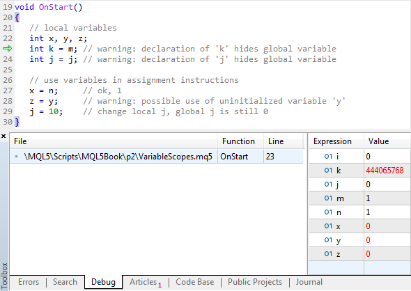 Step-by-Step Debugging and Viewing Variables in MetaEditor (string 23)