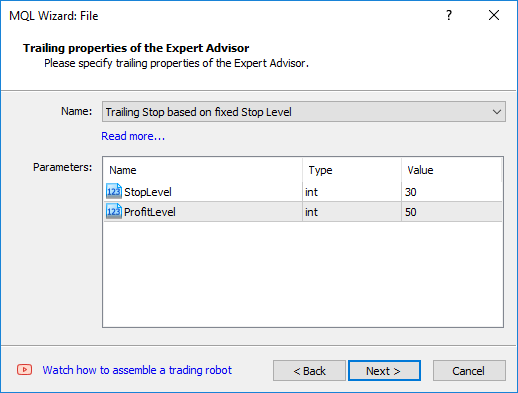 Generation of a ready expert. Step 4. Choosing a trailing stop method