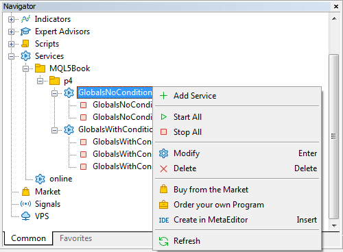 Services in the "Navigator" and the context menu