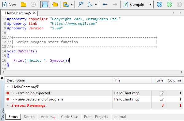 Compilation errors in the MetaEditor log