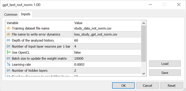 Model training parameters