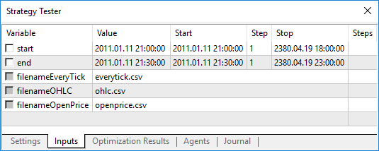 We can specify the starting and the ending dates of the ticks (the variables start and end) for the WriteTicksFromTester Expert Advisor